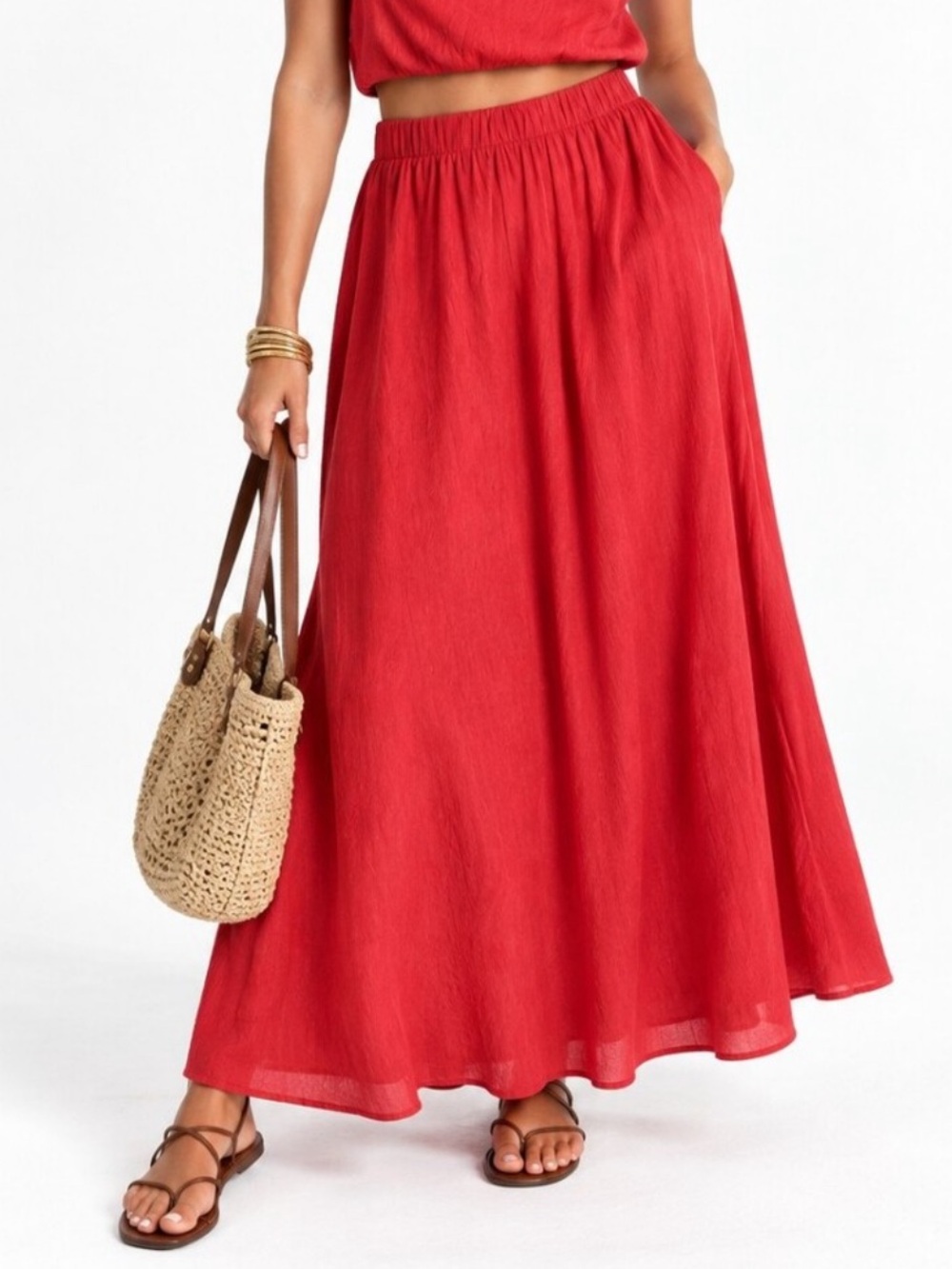 Abercrombie & Fitch Textured Vintage Wash Red Maxi Skirt